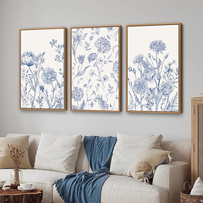 Tinonedraw Large Classic Chinoiserie Flower Framed Canvas Wall Art Set, Navy Blue and White Floral Wall Decor, Minimalist Neutral Botanical Art Printing for Living Room Bedroom Office Dorm 16"x24"x3