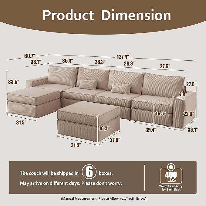 HOOOWOOO Modular Sectional Couch Sofa,128X61 U L Shaped Oversized Couch Sets Free Combination,6 Pieces Extra Deep Sofa with Ottomans for Living Room(Camel Corduroy)