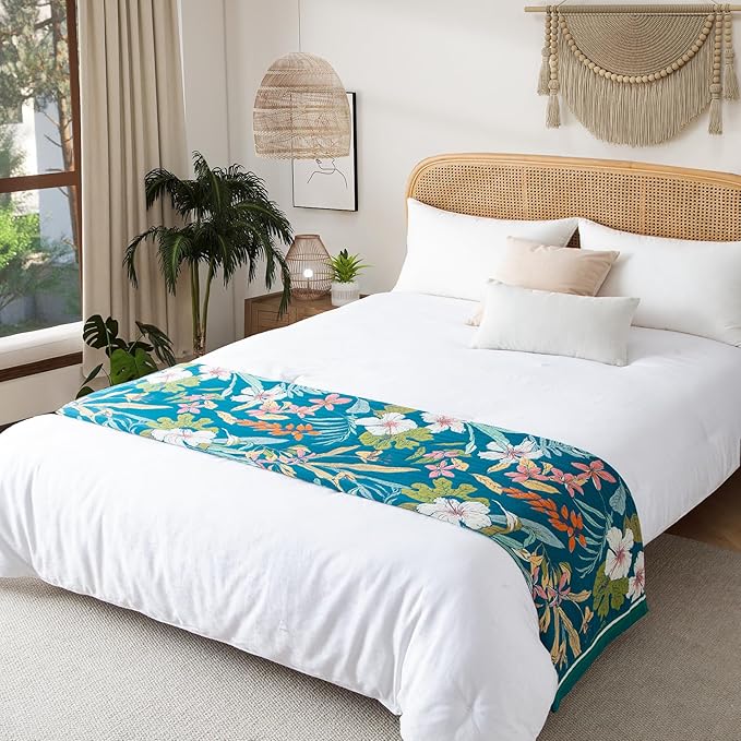 Boho Throw Blanket Full Size, Extra Large Soft Cozy Cotton Muslin Quilt Blanket for Bed Decor, Floral Patterned Couch Sofa Chair Cover, Vintage Farmhouse Cottage Woven Blanket, Teal&Green