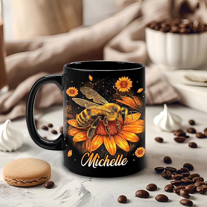 Hyturtle Personalized Sunflower Bee Mug - Bee Keeper Gifts For Women Lovers Teacher - Honey Gifts For Beekeeper Farmer On Birthday - Queen Honeycomb Decor - Custom Coffee Cup Ceramic Mug 11 Oz 15 Oz
