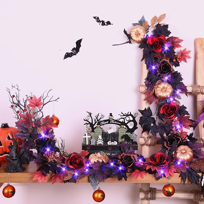 SHareconn 2 Pcs 6FT Halloween Garland with Purple Lights Battery Operated and Timer, Pre-Lit Black Red Maple Leaves Lighted Garland Decorations for Fireplace Mantle Centerpiece Indoor Outdoor Decor