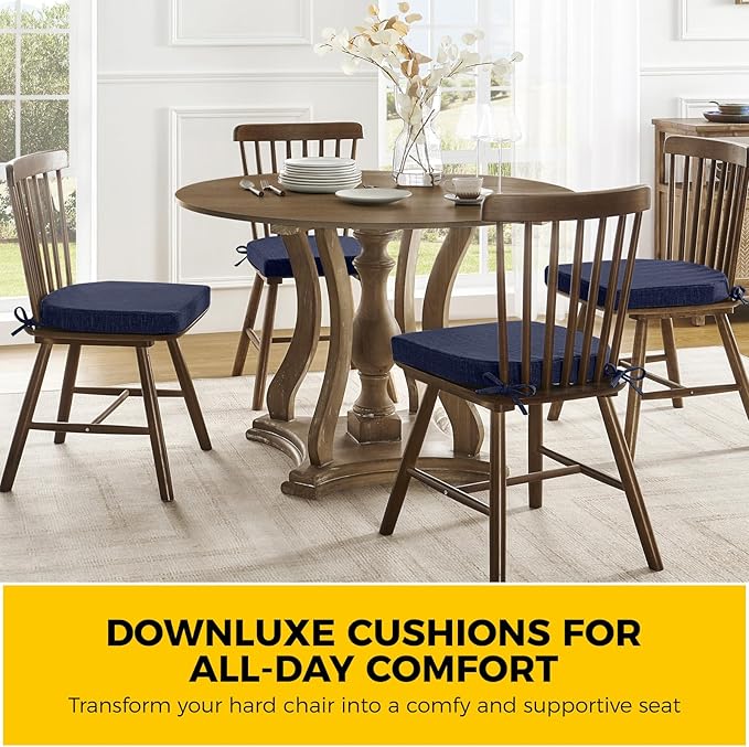 downluxe Indoor Chair Cushions for Dining Chairs, Soft and Comfortable Textured Foam Kitchen Chair Pads with Ties and Non-Slip Backing, 16" x 16" x 2", Navy, 6 Pack