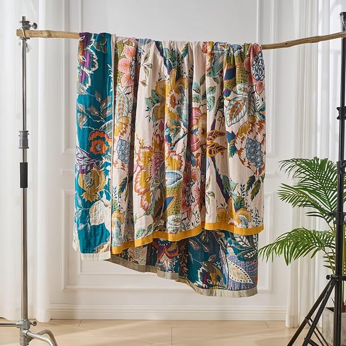 Boho Throw Blanket for Bed, Double Sided Floral Decorated Bohemian Couch Blanket, Lightweight Breathable 100% Cotton Throw Blanket,Room, Farmhouse, Bed Decor (Happiness,50"x60")