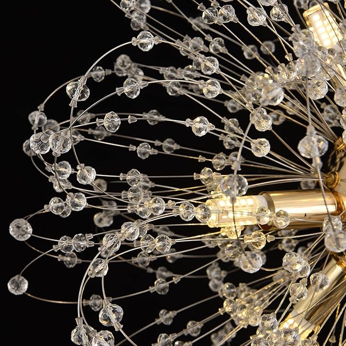 Modern Sputnik Chandeliers for Dining Room, Gold Dandelion Ceiling Hanging Lamp, Round Crystal Beaded Pendant Lights for Bedroom Living Room Farmhouse Kitchen Island (Gold 9Lights)