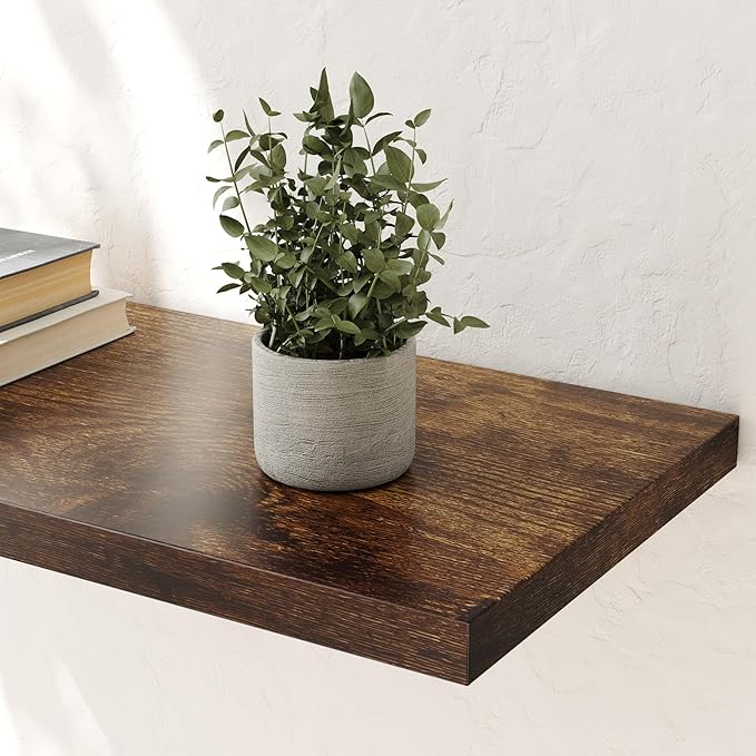Wall Shelf Set of 2, Rustic Brown Floating Shelves 24 in W x 10 in D x 1 in H, Wooden Floating Wall Shelf with Invisible Brackets for Living Room/Bedroom/Bathroom/Kitchen Storage and Decor