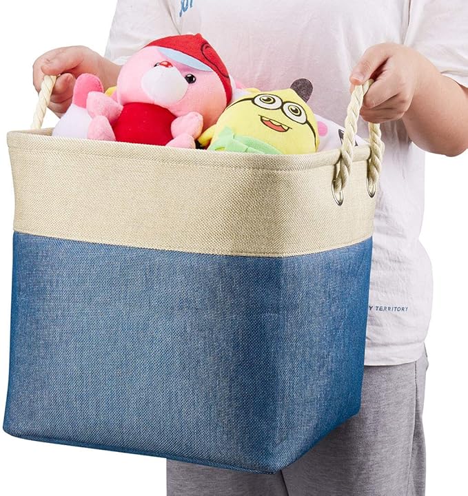 i BKGOO 3Pack Large Foldable Storage Bins,Collapsible Sturdy Cationic Fabric Organizing Storage Basket Cube with Cotton Handles for Home Office Shelf Clothes Toys Khaki-Blue 13×13×13 inch