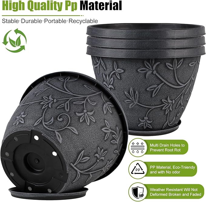 4 Pack 16 Inch Large Plant Pot for Outdoor, Plastic Flower Pot Indoor with Drainage Hole & Saucer, Modern Decorative Garden Pot, Imitation Magnolia Garden Pots for House Planters(Gray)