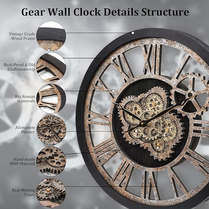 HOIBAI Large Wall Clock, Wall Clocks for Living Room Decor 20 Inch Farmhouse Vintage Rustic Kitchen Wall Decor Vintage Roman Oversized Wall Clock for Home Bedroom House Office, Moving Gears Clock
