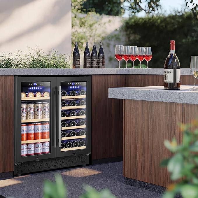 Tylza 30 Inch Wine and Beverage Refrigerator, Dual Zone Wine Beverage Cooler 30" with French Door, Under Counter Wine Beer Fridge Built-In or Freestanding, Holds 29 Bottles and 110 Cans, Black