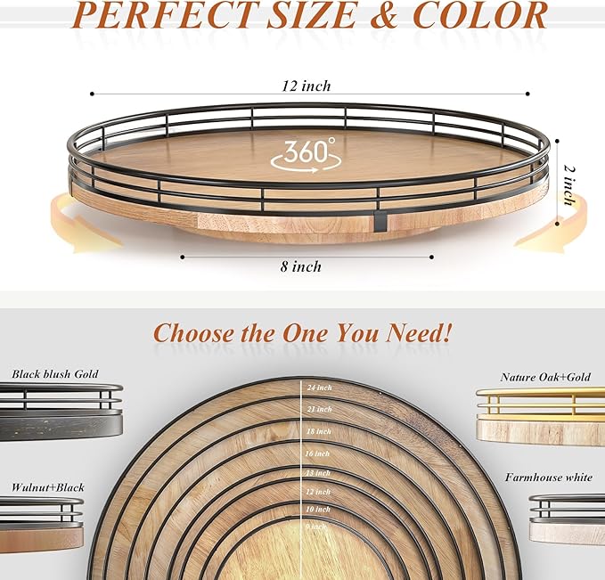 12" Lazy Susan Oak Wood Turntable Organizer for Cabinet, Farmhouse Round Wooden Lazy Susan Organization and Storage for Dining Table, Pantry, Kitchen, Bathroom, Countertop, Cupboard, Home Decor