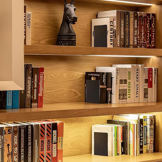 VONDERSO Metal Bookends Black, 2 Pairs Decorative Metal Book End Supports for Shelves Gauge Metal Book Divider Stopper Holders with Non-Slip Anti-Scratch Rubber Pads