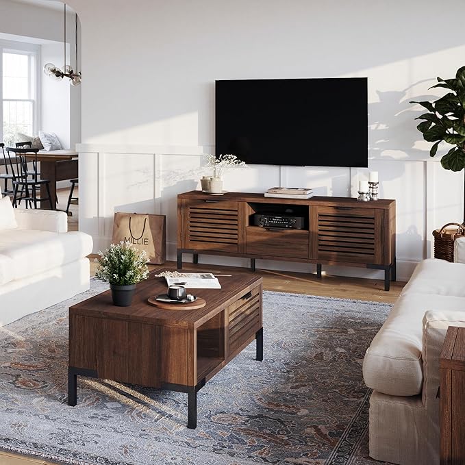 Bme Millie Solid Wood TV Stand for TVs up to 65 Inches, Modern Farmhouse TV Stand with Rustic Charm, TV Stands for Living Room, Chestnut