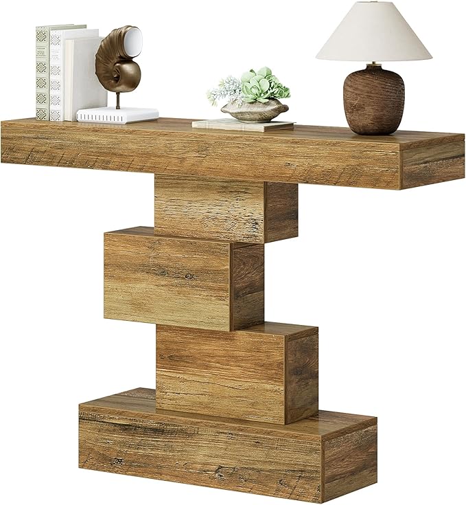 Tribesigns 42.5" Farmhouse Console Table, Narrow Wood Sofa Table Behind Couch with Geometric Base, Industrial Entryway Accent Table for Living Room, Hallway, Entrance (Light Brown)