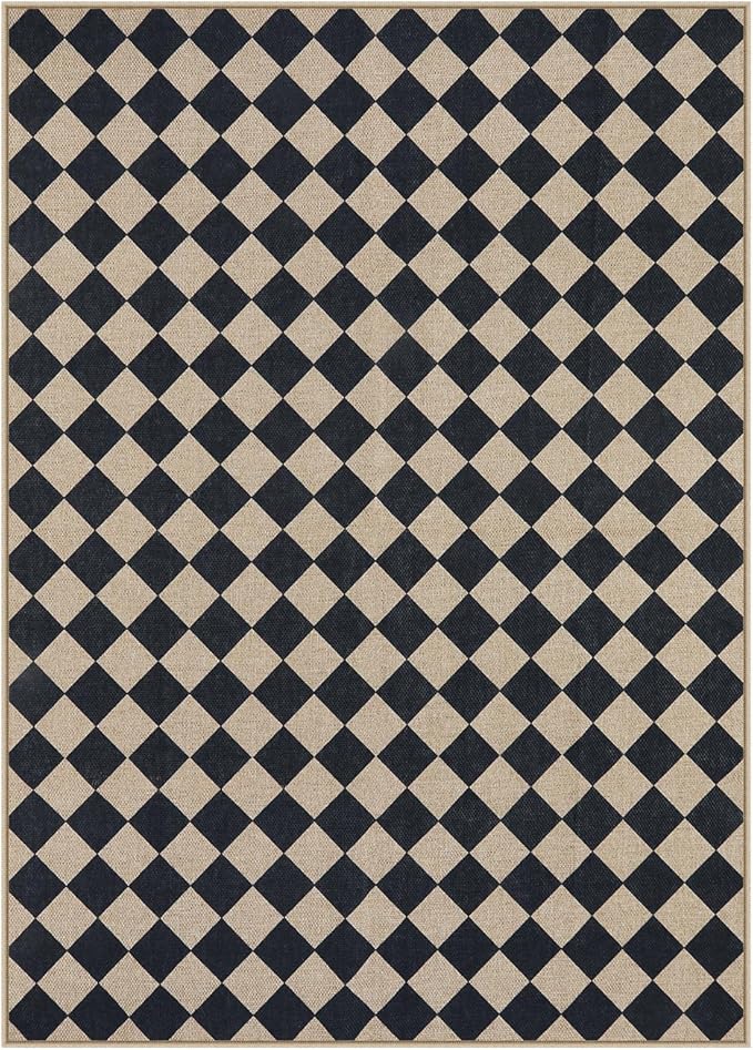 Lahome Checkered Dining Living Room Rug, 5x7 Washable Indoor Outdoor Easy Jute Rug, Farmhouse Neutral Diamond Non Slip Non Shedding Floor Carpet for Sunroom Deck Classroom Office