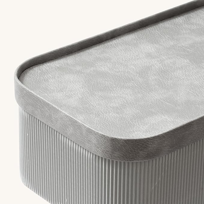 La Jolie Maison Fluted Cardboard Storage Baskets with Vegan Leather Lids, Sturdy Stackable Paper Boxes Decorative Tray, Modern Basket Organizer Bins Bathroom Bedroom Organizing, Storm Grey, Set of 3