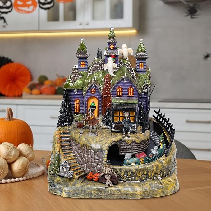 DREAM GARDEN Halloween Village Collection, Lighted Spooky Haunted House with Animated Train and Scary Sound Resin Spooky Town with Skull, Pumpkin, Ghost for Holiday Party Tabletop Decor