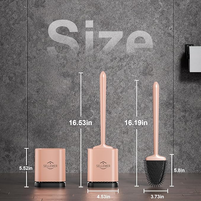 Sellemer Toilet Brush and Holder Set - Flexible Toilet Bowl Brush Head with Silicone Bristles, Compact Size for Storage and Organization, Ventilation Slots Base (1 Pack, Rose Gold)