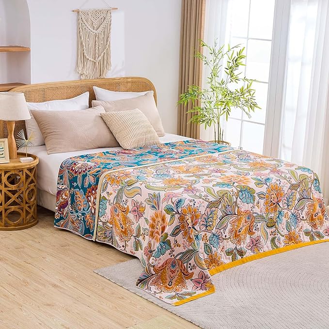 Boho Throw Blanket for Bed, 100% Cotton Soft Rustic Quilt Fall Blanket, 80"x90" Floral Printed Farmhouse Decor Bed Blankets, All Season Rustic Reversible Bohemian Throw Quilt