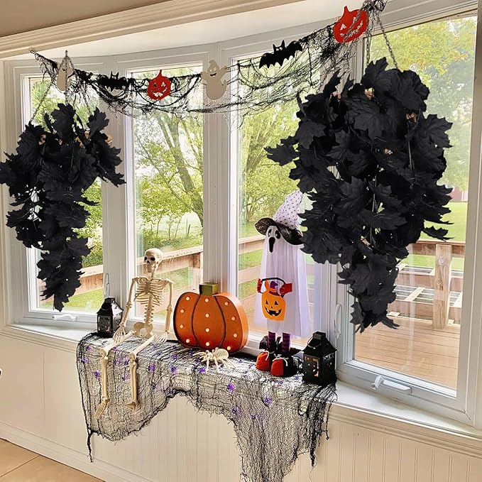 RECUTMS Black Maple Leaf Artificial Hanging Plants Fake Plants Faux Fall Leaves Halloween Faux Plants Autumn Leaves Artificial Wall Hanging Indoor Outdoor Halloween Decoration(Black)