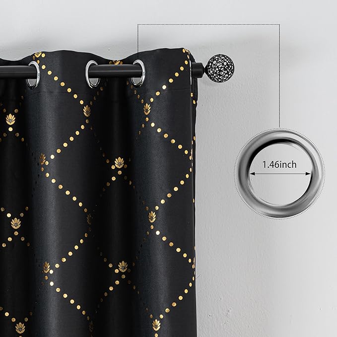 Grommets Blackout Long Window Curtains Black Gold-52W*84L 2PCS Drapes for Bedroom