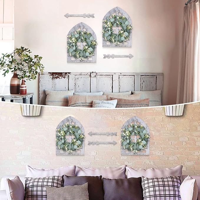 Rustic Wood Window Frame with Green Wreath and Arrows Wall Decor,Farmhouse Window Frame Hanging Decor, Wooden Fake Decoration,Window Pane Wall Decor,Set of 2 (windows white)