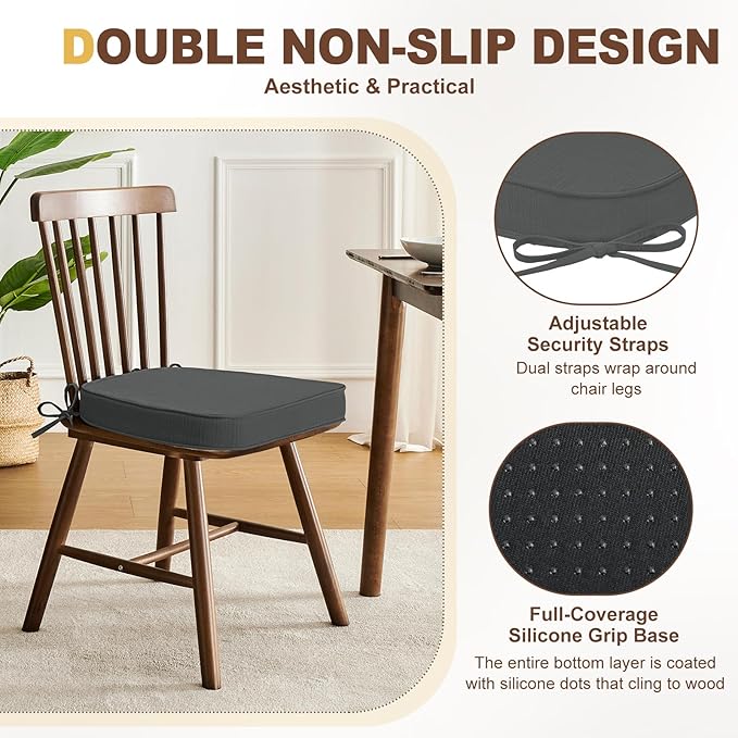 downluxe Chair Cushions for Dining Chairs, Waterproof Kitchen Chair Pads, Non-Slip Dining Seat Cushion with Ties, 17" x 16" x 2.5", Dark Grey, 6 Pack