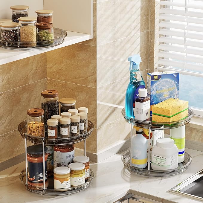 LAMU 2 Pack 2 Tier Lazy Susan Turntable Organizer 9.25'' Rotating Spice Rack Organization for Cabinet, Kitchen, Pantry, Countertop, Bathroom, Vanity, Medicine Cabinet Organizer, Grey