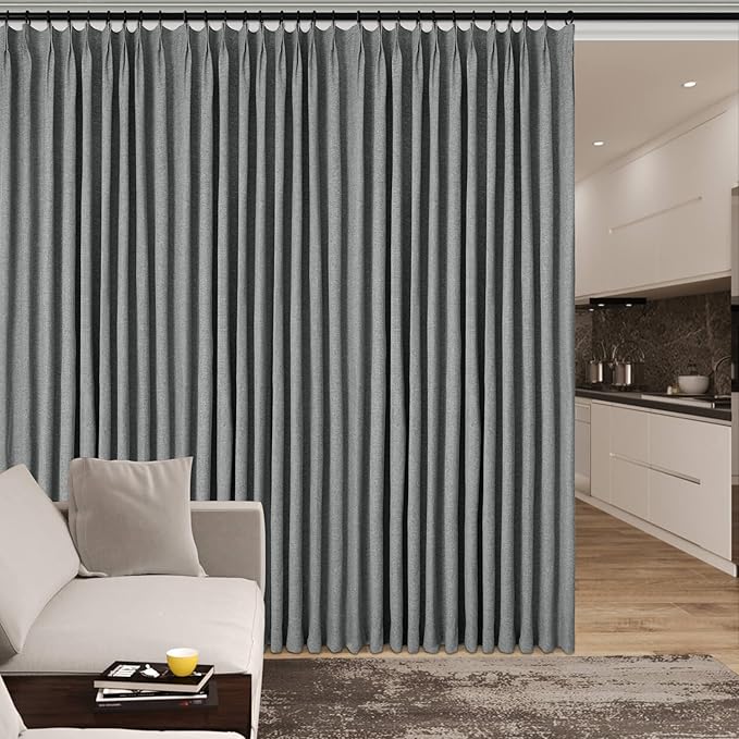 100" W x 84" L Faux Linen Room Divider Curtains, Full Blackout Pinch Pleated Drapes for Traverse Rod, Bedroom Divider Privacy Drapery with Hooks for Ceiling Track, 1 Panel, Mid Grey
