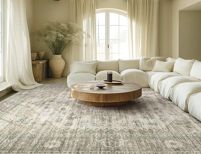 Washable Area Rugs for Living Room - 5x7 Neutral Vintage Distressed Floral Farmhouse Boho Large Soft Floor Rug Indoor Non Slip Carpet for Living Room Bedroom Dining Room Office - Brown/Tan