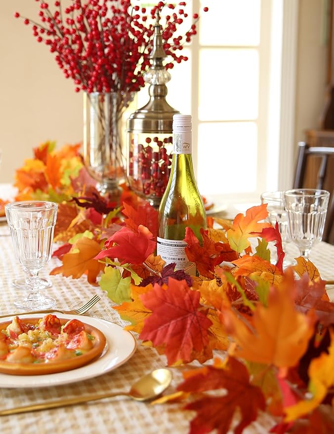 Joyhalo 2 Pack Fall Leaves Garland for Mantle, Autumn Leaf Garland Indoor Outdoor Fall Decor, Hanging Maple Leaves for Mantle, Door Frame, Fireplace and Thanksgiving Decor
