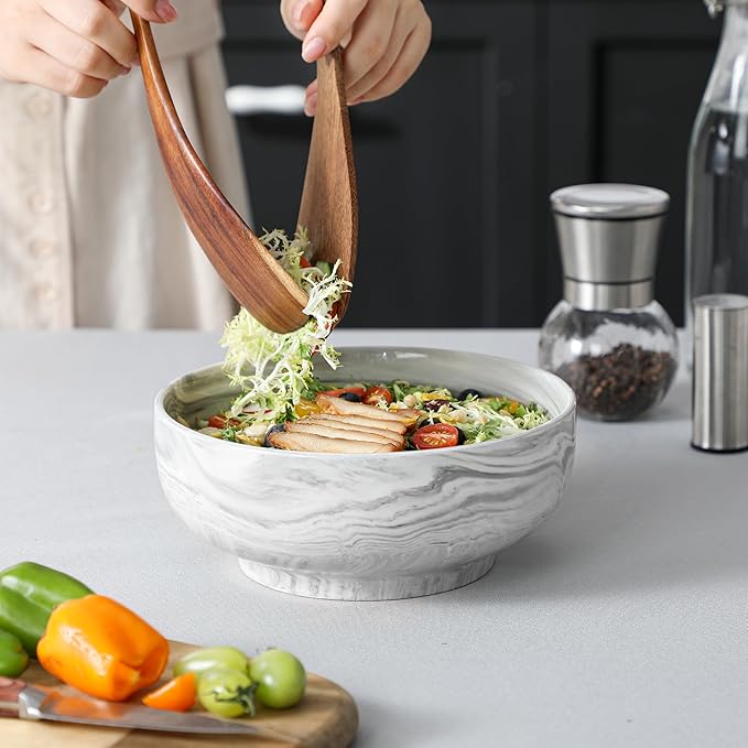 MALACASA Large Serving Bowls, 60 OZ (8'') Salad Bowls Set of 2, Ceramic Mixing Bowls for Kitchen, Serving Bowl for Soup, Pasta, Side Dishes and Entertaining, Marble Grey, Series REGULAR