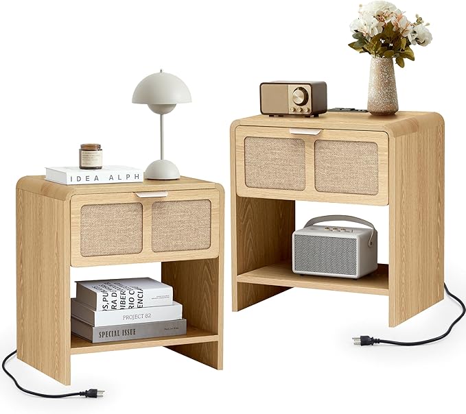 LEVNARY Nightstand with Charging Station, Mid-Century Modern Bedside Table with Curved Top Corners and Fabric-Like Textured Drawer, Wooden End Table for Farmhouse Bedroom Living Room (1, Natural)