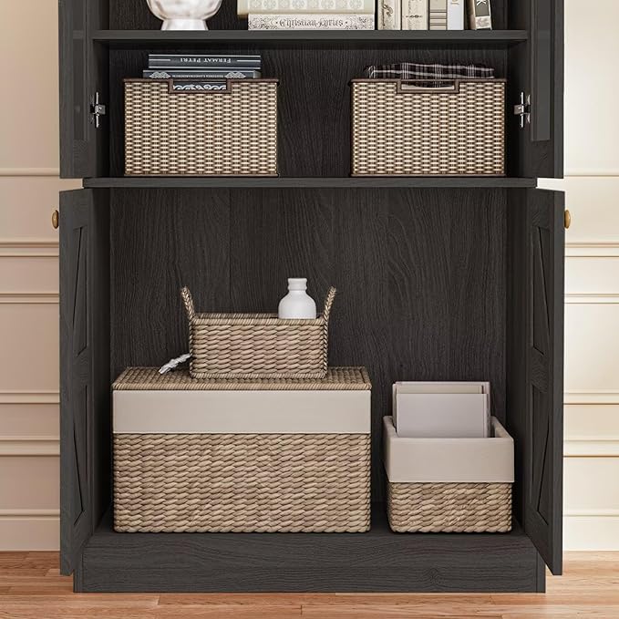 Vyre 71" Tall Farmhouse Bookshelves with Glass Doors and Drawers, Set of 2 – Large Modular Bookcase with Adjustable Shelves, Storage Cabinet for Living Room, Kitchen, Black