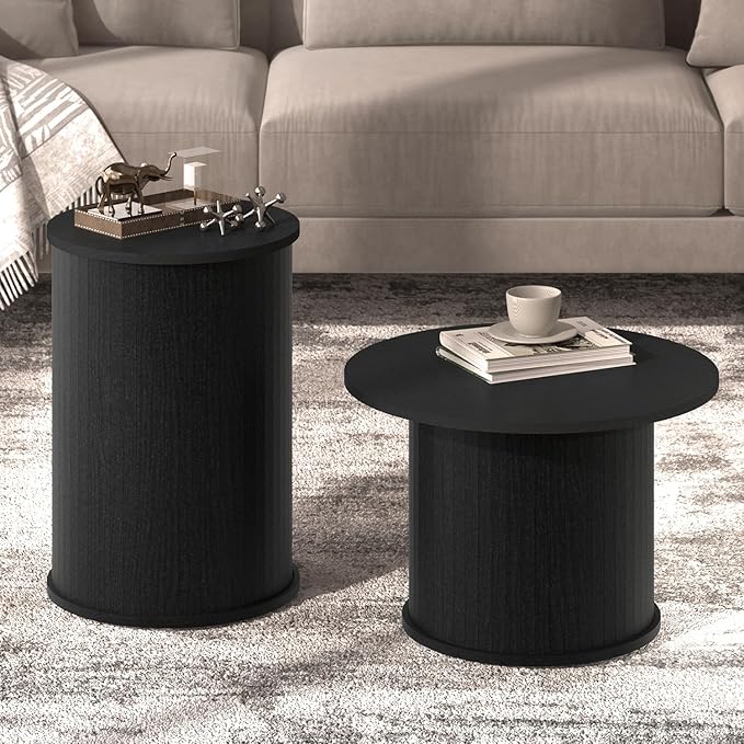 Set of 2 Round Nesting Coffee Tables for Living Room, Fluted Circle Black Wood Coffee and End Table Sets for Apartment, Small Spaces, Bedroom, Modern Style, Easy Assembly & Maintenance