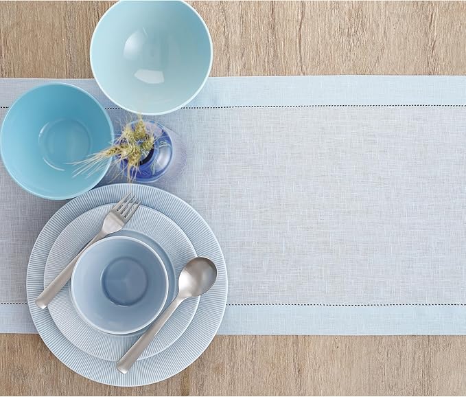 Solino Home Linen Light Blue Table Runner 90 Inches Long - 100% Pure Linen Hemstitch 14 x 90 Inch Table Runner for Dining - Classic Hemstitch