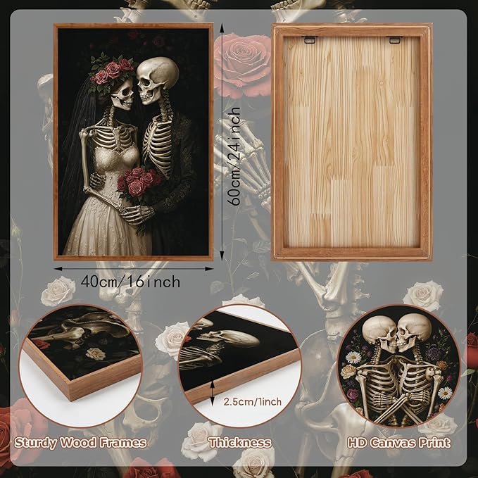 HLNIUC Halloween Rose Wedding Framed Wall Art,Vintage Skeleton Rose Canvas Prints,Abstract Romantic Theme Wall Decor Set of 3(16”x24”)Dark Romance Framed Painting,Roses Skull Art Print for Living Room