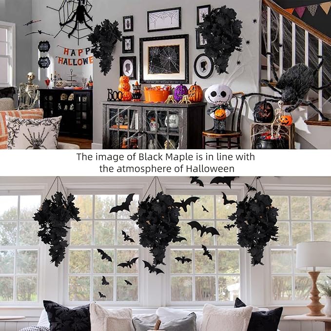 RECUTMS Black Maple Leaf Artificial Hanging Plants Fake Plants Faux Fall Leaves Halloween Faux Plants Autumn Leaves Artificial Wall Hanging Indoor Outdoor Halloween Decoration(Black)