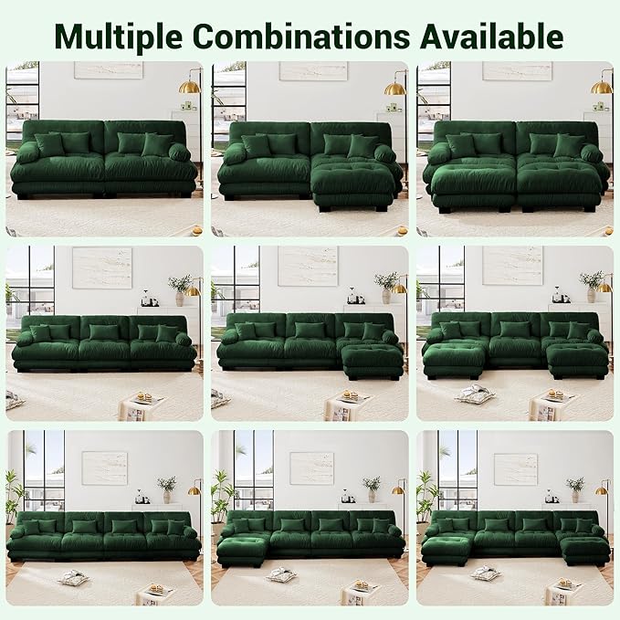 Modular Sectional Sofa, Comfy Cloud Couch 3 Seater Couch with Ottoman, Sectional Couches for Living Room, Modern Chenille U Shaped Couches, Sleeper Deep Seat Sofa with Throw Pillows, Green