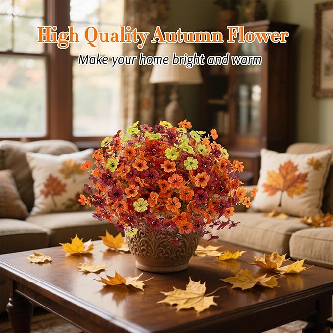 12 Bundles Artificial Fall Flowers Faux Mums for Outdoor Indoor, Artificial Plants Daisy Faux Plants Fake Mums for Fall Decor Pots Patio Garden Porch Autumn (Orange,Brown,Yellow) (12)