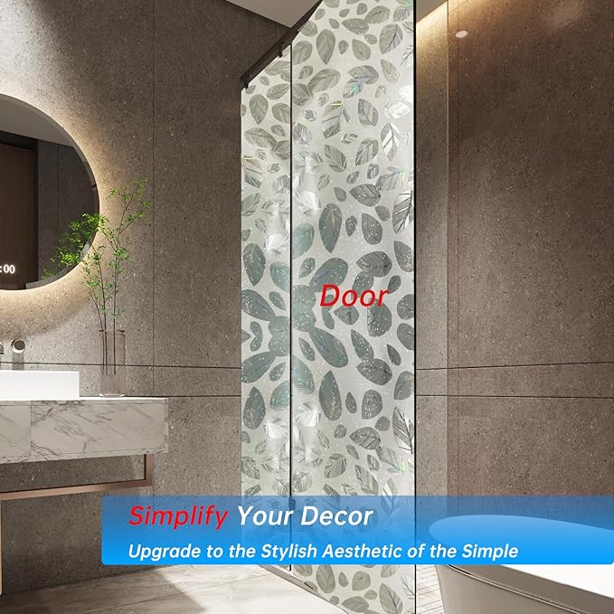 Frosted Glass Window Privacy Film Decorative, Bathroom Privacy Film for Glass Windows Cover, Static Cling, Removable, Reusable, Anti-UV, Anti-Glare, Heat Blocking,(Leaf White 17.5X78.7Inch)