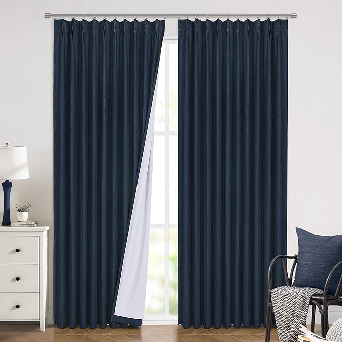 Vision Home Navy Blue Pinch Pleated Full Blackout Curtains Linen Blended Room Darkening Window Panels 108 inch for Living Room Bedroom Thermal Insulated Pinch Pleat Drapes with Hooks 60" Wx108 Lx1