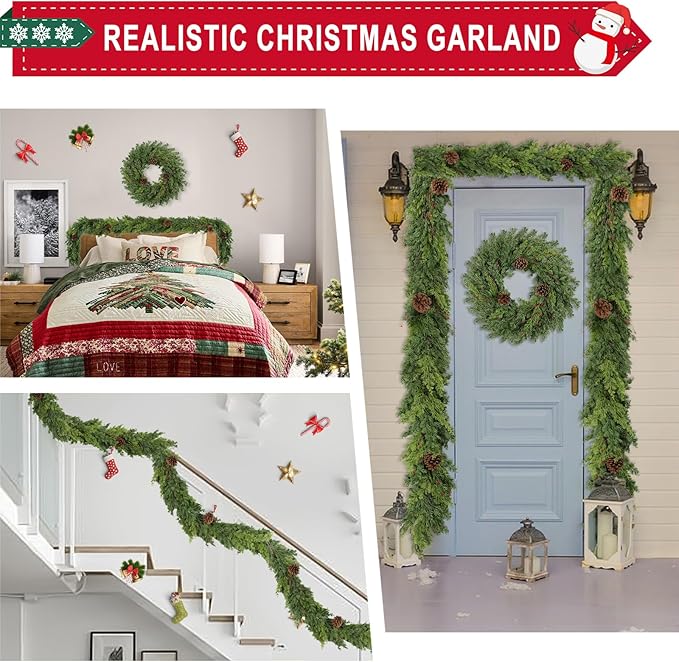 6 Ft Real Touch Christmas Garland Indoor with Pine Cone,Thick and Lush,Soft Bendable Mantle Garland Christmas, Lifelike Cedar Garland, Christmas Garland for Mantle,Indoor Christmas Decorations