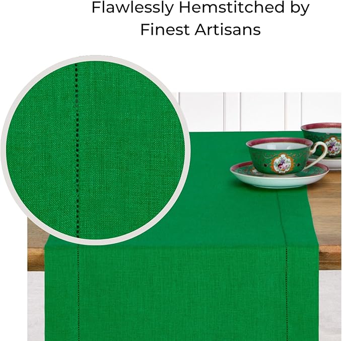 D'Moksha Homes Kelly Green Linen Table Runner 90 Inches Long - 100% Pure Linen Diamond Table Runner 14 x 90 Inch for Dining, Fall and Halloween - Machine Washable