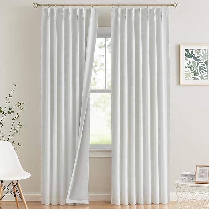 Vision Home White Pinch Pleated Full Blackout Curtains Thermal Insulated Window Curtains 95 inch for Living Room Bedroom Room Darkening Pinch Pleat Drapes with Hooks Back Tab 2 Panel 40" Wx95 L
