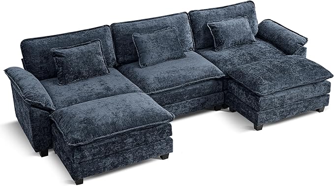 URRED Modular Sectional Sofa Comfy Cloud Couch, Modern Chenille Sofa Sleeper Deep Seat Couches with Ottoman/Pillows for Living Room (Blue, 117'' - U Shape)