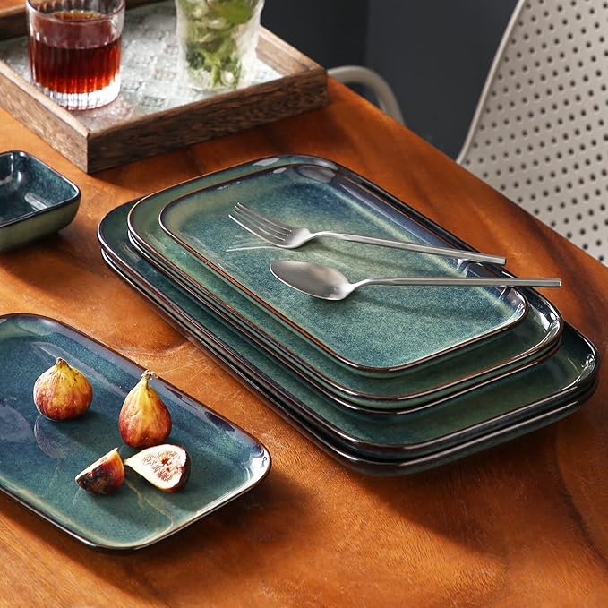 vancasso Stern Serving Platters Set of 3, 15/13/ 11 Inches Rectangular Serving Plates, Green Serving Trays for Entertaining, Party
