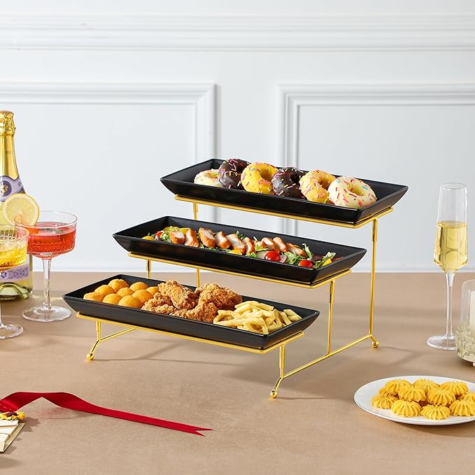MALACASA 3 Tier Serving Trays for Party, 14 Inch Porcelain Black Trays for Serving Food, Dessert Stand with Collapsible Gold Metal Rack