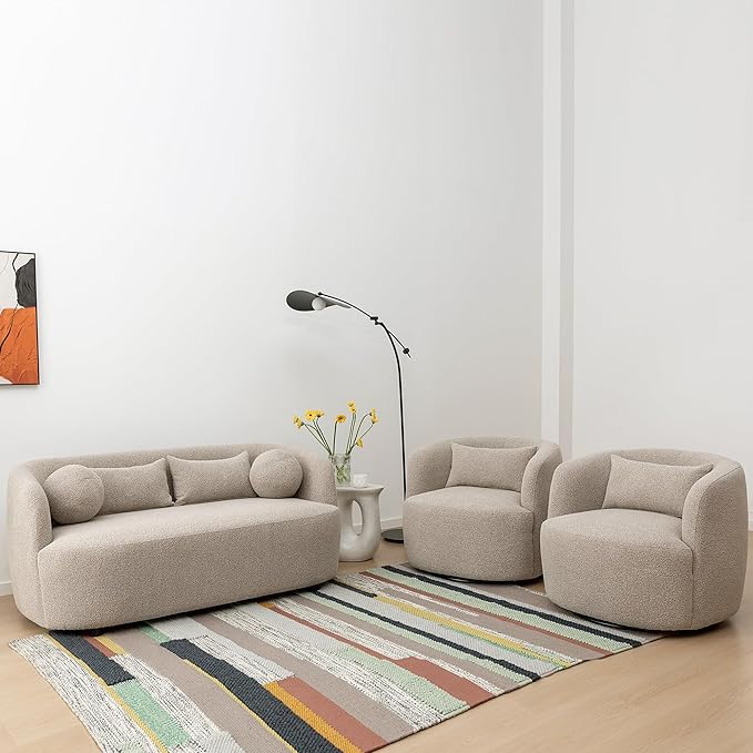 KINWELL 34" Wide Boucle Swivel Barrel Chairs Set of 2, No Assembly Round Upholstered Armchairs Accent Chairs Single Sofa Chair with Toss Pillow for Living Room and Bedroom, Taupe