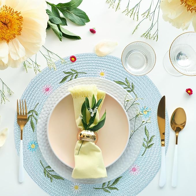 Whaline 4Pcs Round Daisy Placemats Spring Flower Embroidered Place Mats Greenery Floral Dinner Table Mats for Home Holiday Wedding Bridal Baby Shower Birthday Party Decor