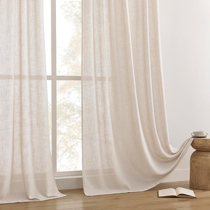 Joydeco Linen Curtains for Living Room,Semi Sheer Drapes Window Long Curtains 84 inches Long Pink Beige